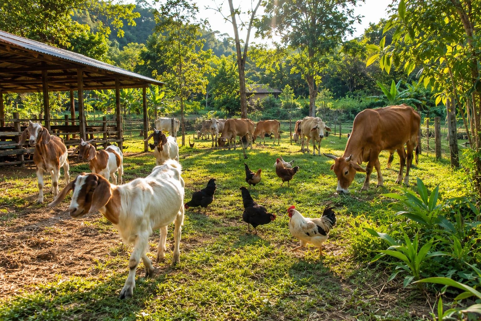 Livestock and animals on a tropical community farm
