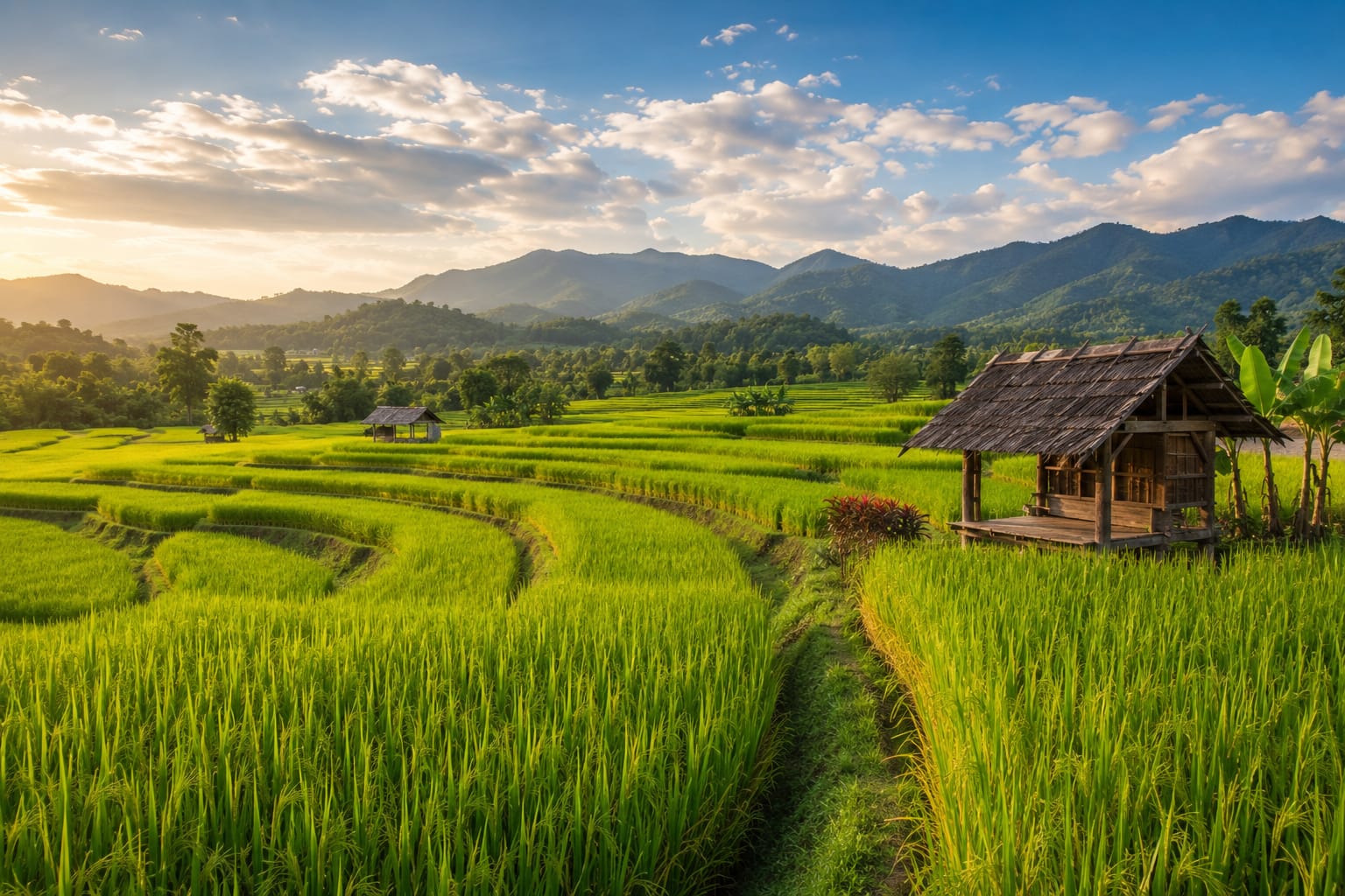 Green rice paddies and farmland in Thailand — Agricultural District