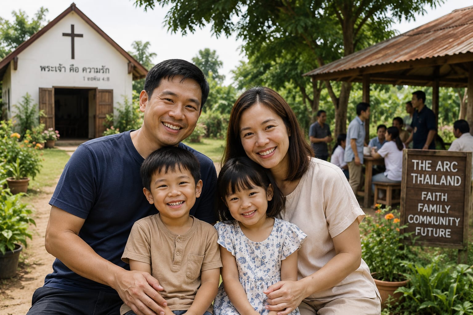 Thai family with children in a warm outdoor community setting