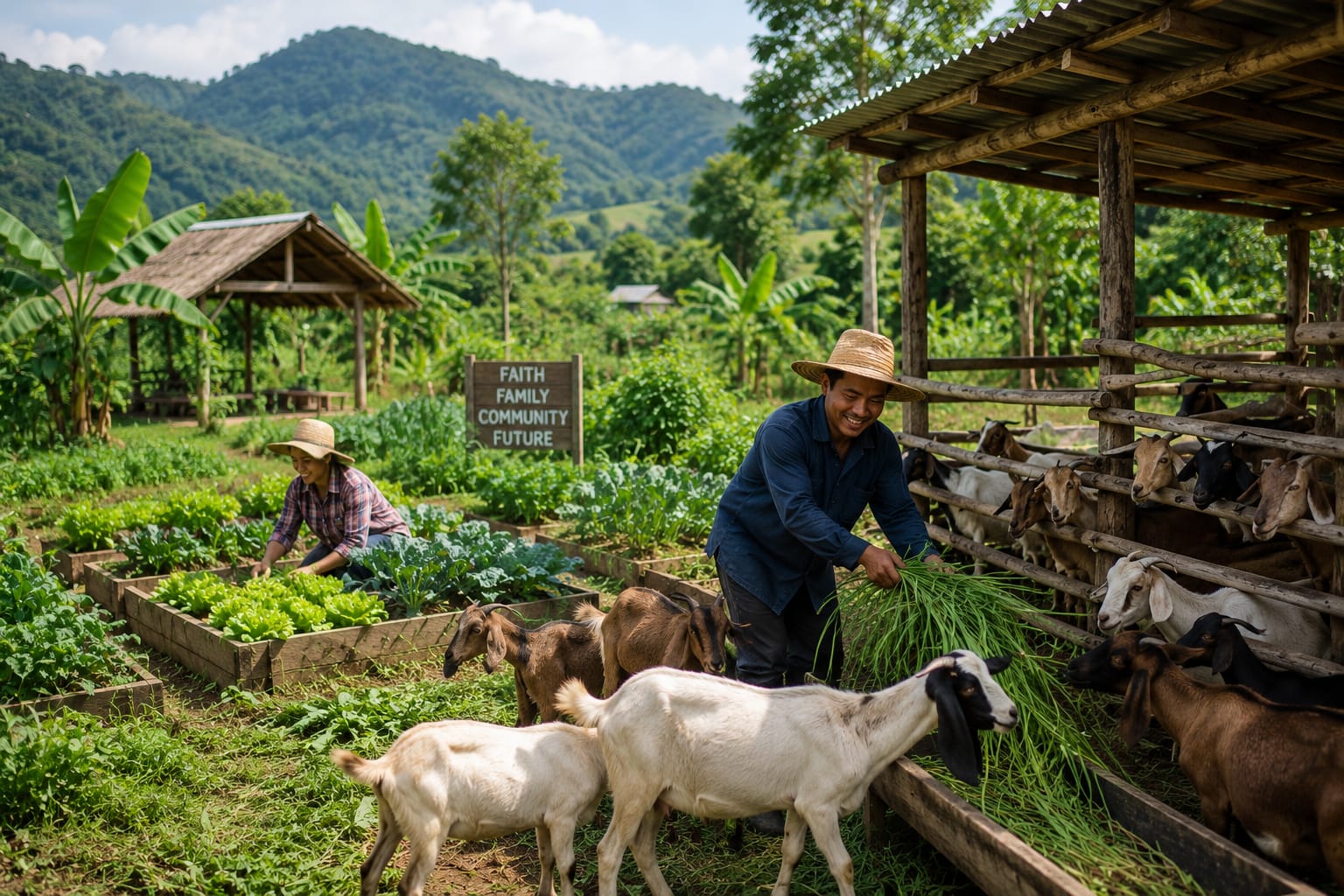 Community farming with goats and livestock on productive Thai farmland