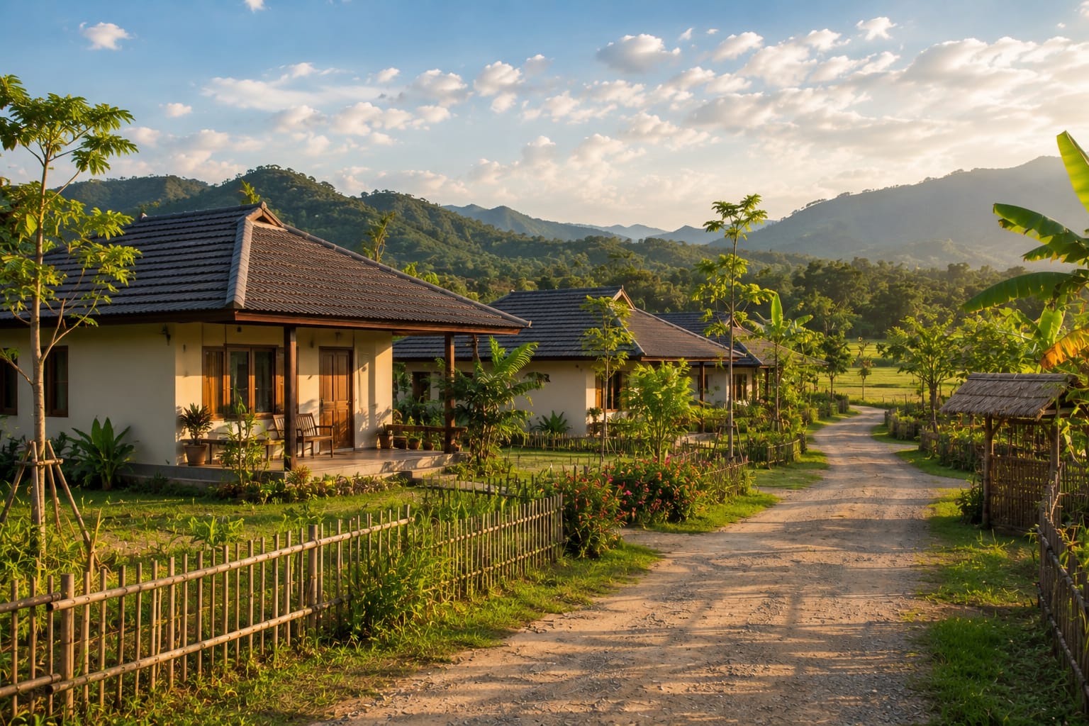 Traditional Thai wooden house with tropical garden — Residential District